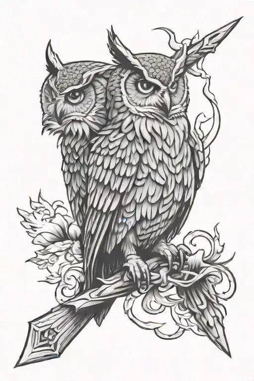 Spear And Torch Crossed Behind One Owl