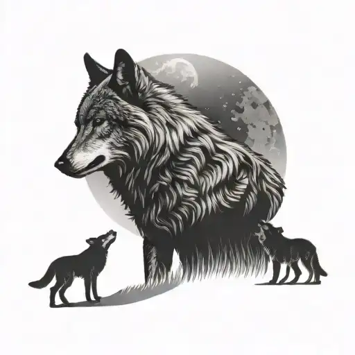 Wolf And Two Cubs Howling In Silhouette Of Moon Surrounded
