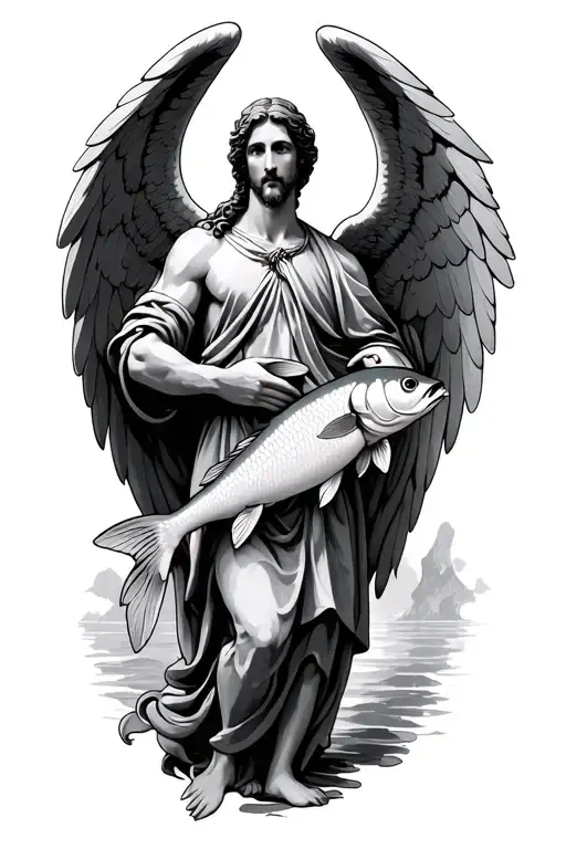 St Raphael Archangel Tattoo Holding A Fish