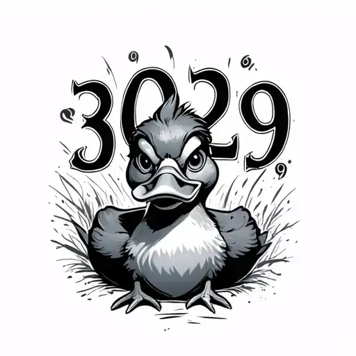 Numbers 3029 In Gothic Font Behind A Mischievous Looking Duck