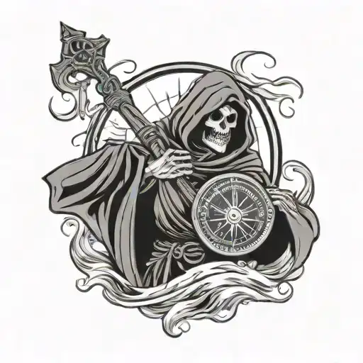 Grim Reaper Holding Compass With Background Of Waves