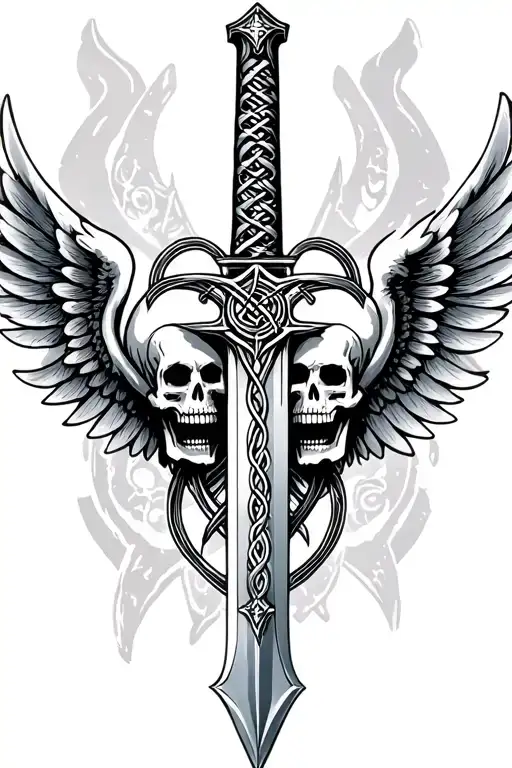 Celtic Sword With Wings With Skulls