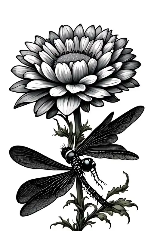 Dragonfly Flying Away And Chrysanthemum Flower