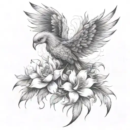 Thigh Tattoo Phoenix Flying With Tropical Flowers