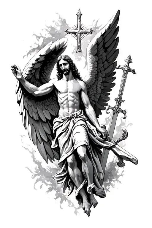 Angel With The Wings And Jesus Christ And The Sword And Star