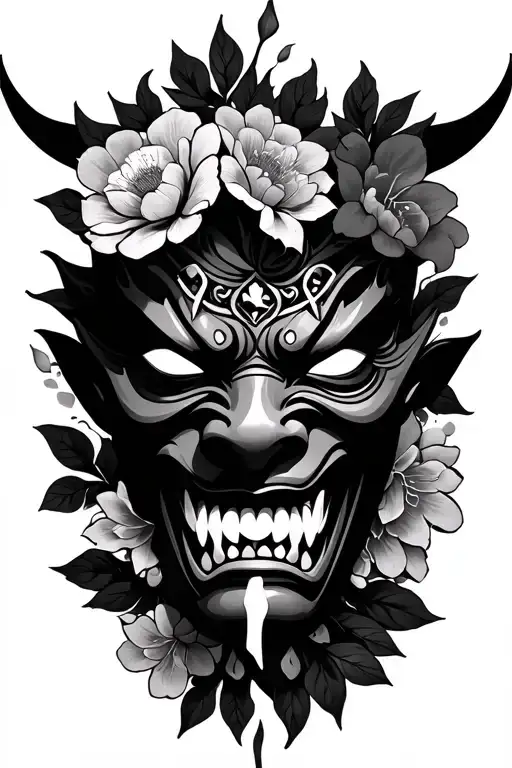 Oni Mask Surrounded With Flowers With Breaked Mask
