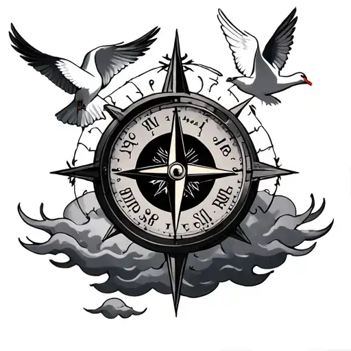 Compass And Clock And Doves With Clouds