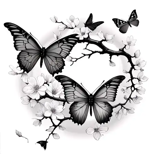 Butterflies Flying Towards The Sun Cherry Blossom Tree