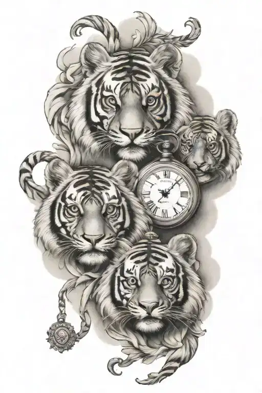 2 Tiger Cubs Heads And Two Pocket Watch