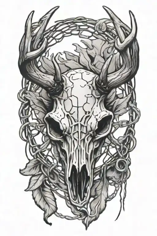 A Tattoo Of A Deer Skull With Antlers Intertwined With Barbed Wire