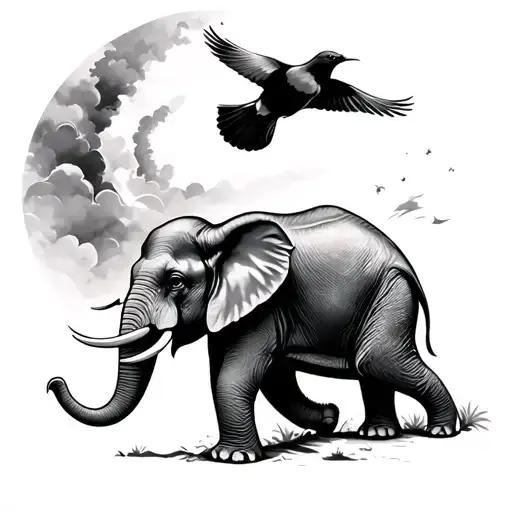 Elephant And A Bird Flying