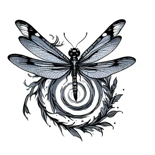 Dragonfly And Butterfly On Both Ends Of A Spiral In The Middle