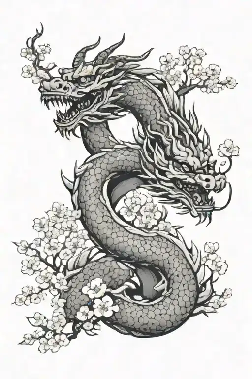 Chinese Dragon With Hong Kong Skyline And Cherry Blossom Tree