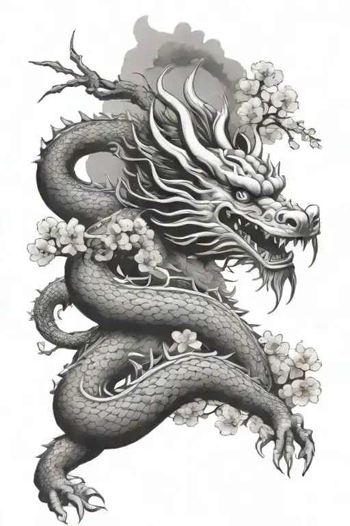 Chinese Dragon With Hong Kong Skyline And Cherry Blossom Tree Shoulder Sleeve