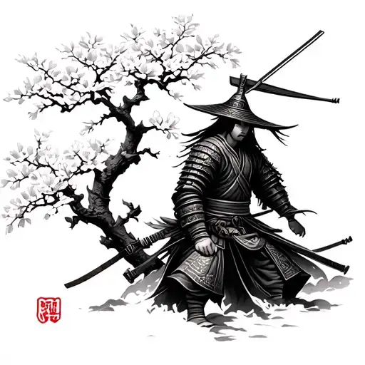 Samurai Warrior Under Blossom Tree Growing
