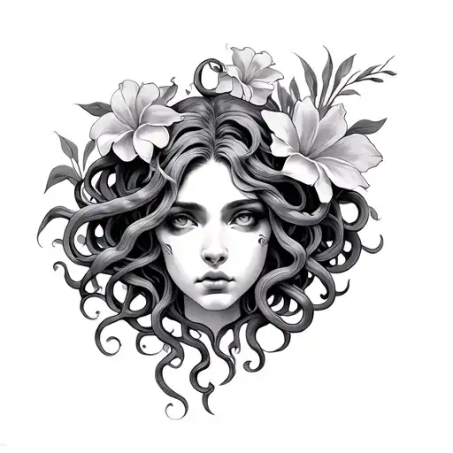 Medusa Tattoo With Iris's As Floral Component