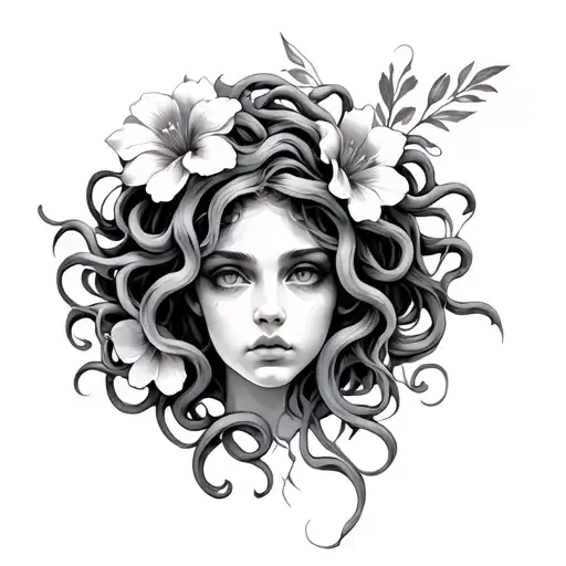 Medusa Tattoo With Iris's As Floral Component
