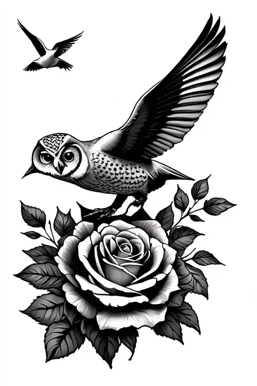 Roses With Owl Perch And Humming Bird Flying In The Sky
