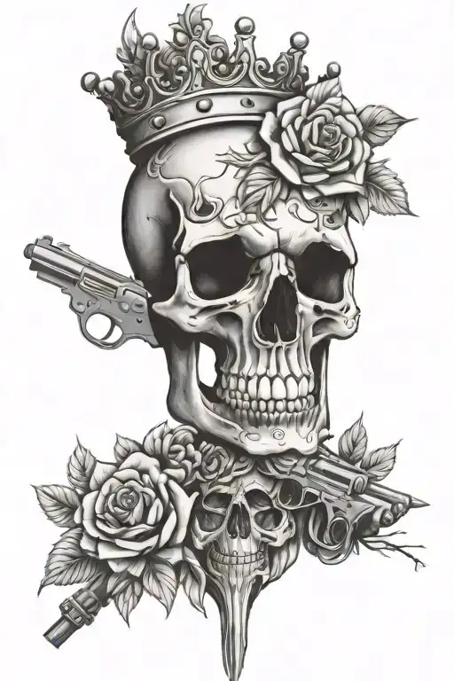 Skull Wearing A Crown Surrounded By Roses And Guns