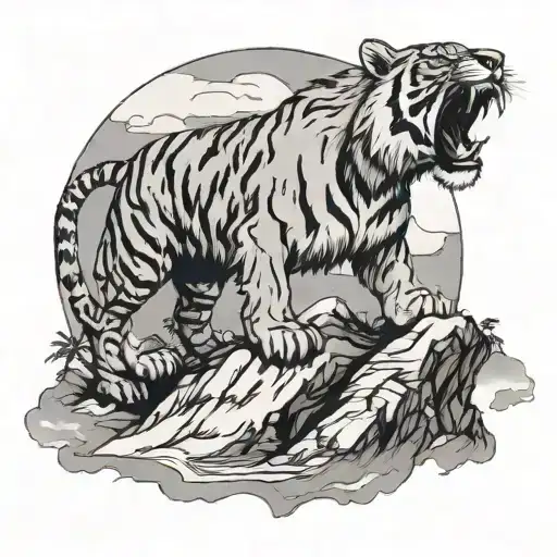 A Tiger Roaring On Top Of A Mountain With The Moon Behind It