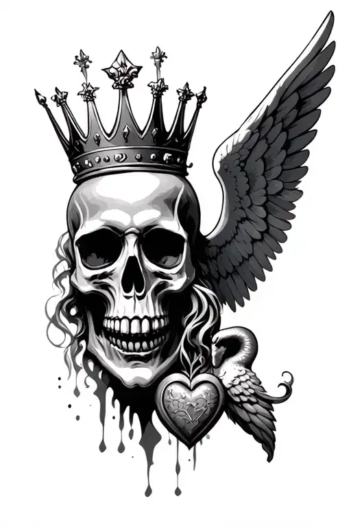 Skull With Crown And Angel On Other Side And Heart