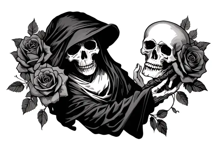 Grim Reaper Holding Skulls And Roses