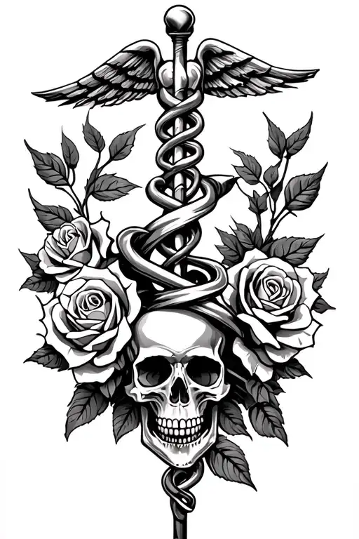 Rod Of Asclepius With Roses And Skulls