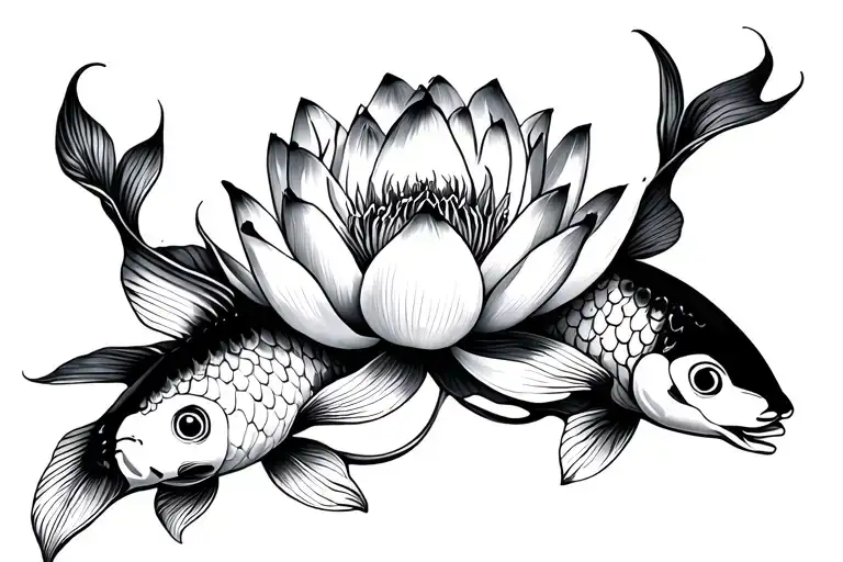 Lotus Flower With Two Koi Fish On Each Side