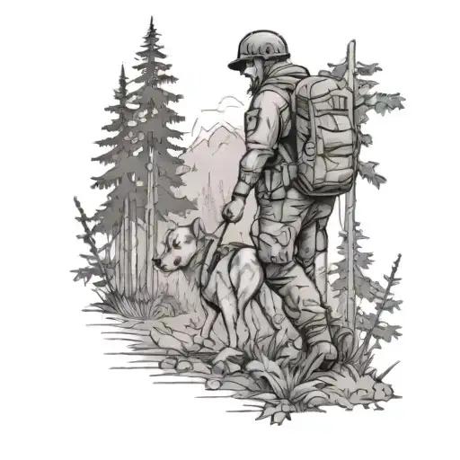 A Scene Of A Soldier Hiking Through A Forest With A Loyal Dog By Their Side