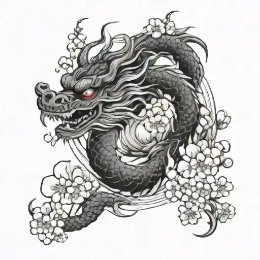 Black Japanese Dragon With Cherrry Blossoms Floating