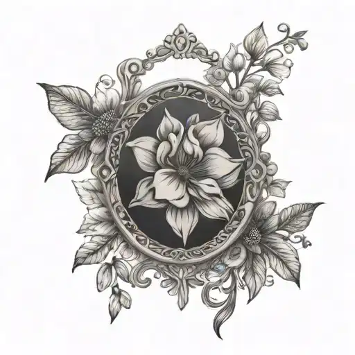 A Black And Grey Tattoo Of A Delicate Flower Garden With A Locket Hidden Among The Petals