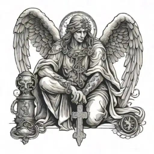 Guardian Angel On Knees With Chain In Hand With Cross