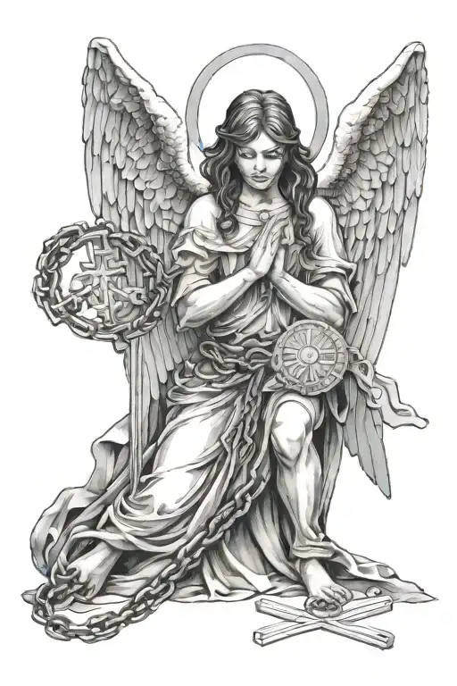 Guardian Angel On Knees With Chain In Hand With Cross