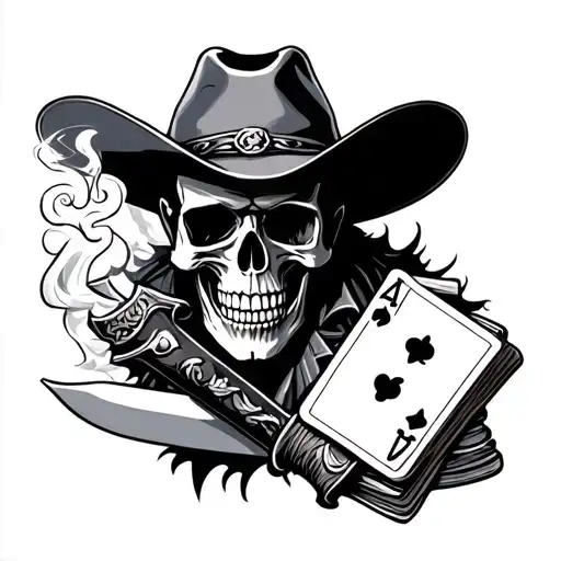 Cowboy Skull Smoking With Knife And Cards