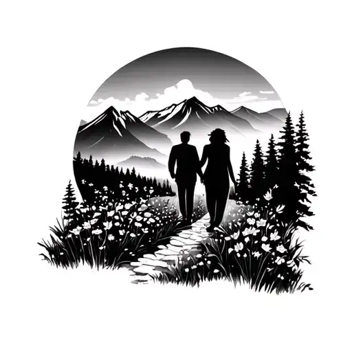 Mountain With Wild Flowers And Silhouettes Of A Married Couple Walking Down A Path From The Back