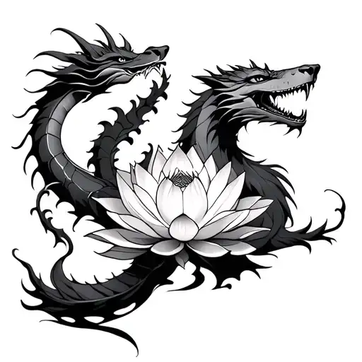 Lotus In The Middle With Dragon Coming Out On One Side And A Wolve On The Other Side