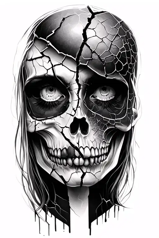Cracked Female Face And Skulls