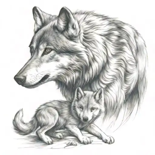 Wolf Protecting Cub Playing