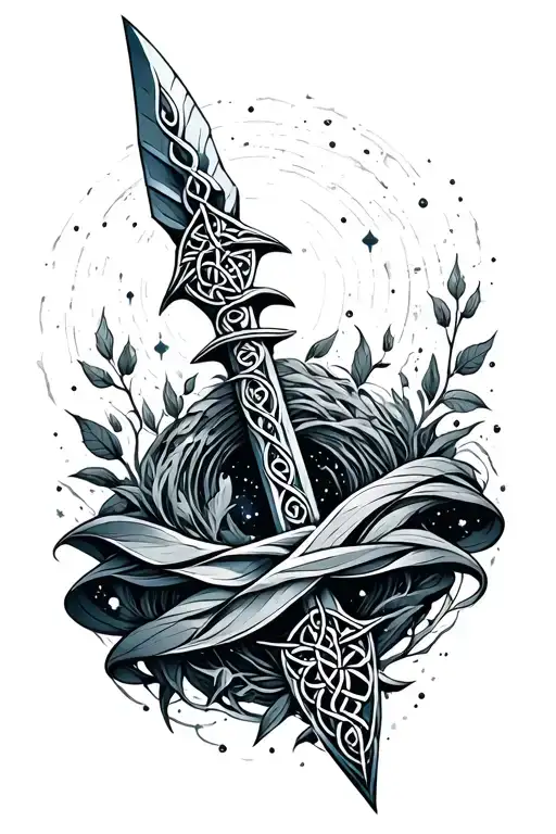 Celtic Spear Wrapped In Nature And Cosmic Scene