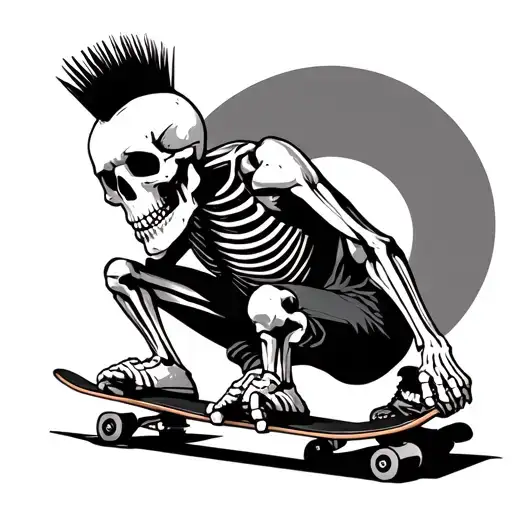 Skeleton Riding A Skateboard With A Mohawk