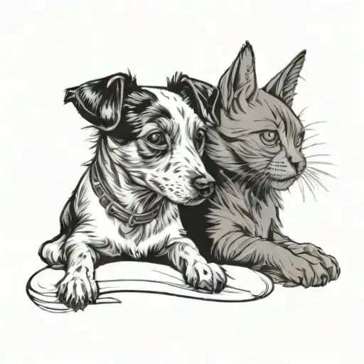 Jack Russell And Black Cat Curled