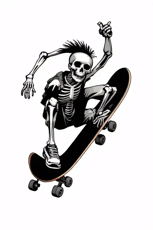 Skeleton Riding A Skateboard With A Mohawk Jumping