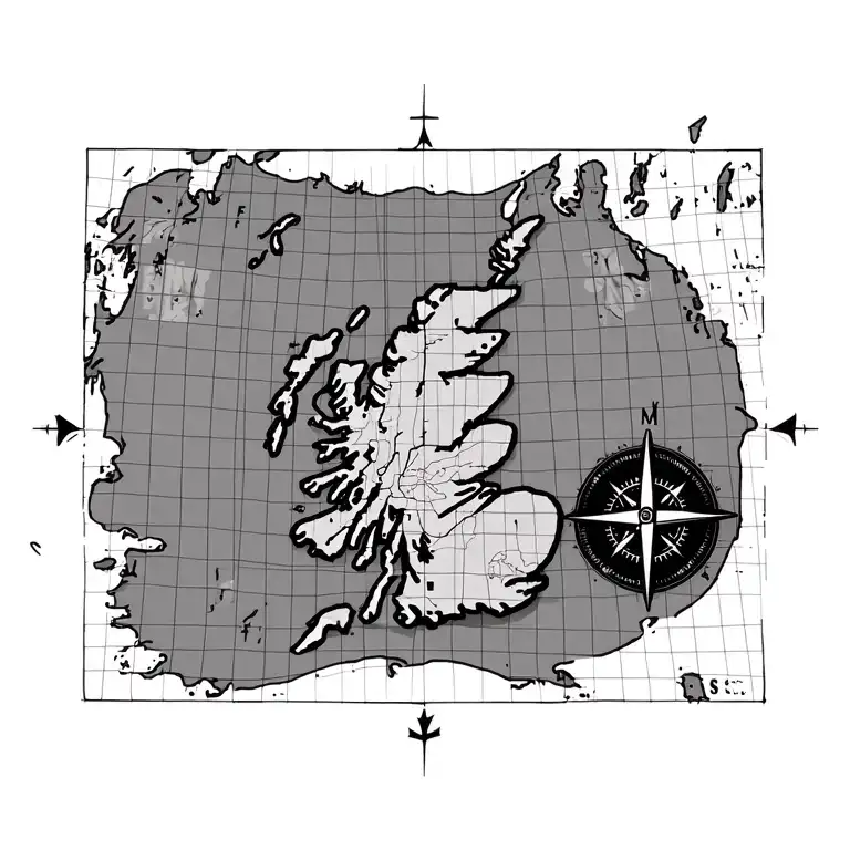 Map Of Accurate Outline Of Scotland With Gridlines On Top And A Compass With North East South West