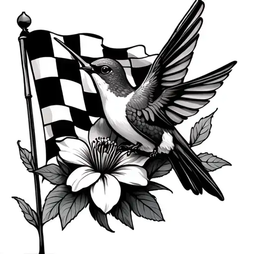 A Humming Bird And A Flower And Checkered Flag
