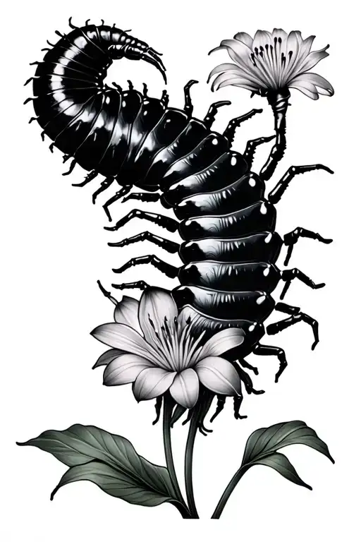 Centipede Crawling Around A Spider Lily Flower