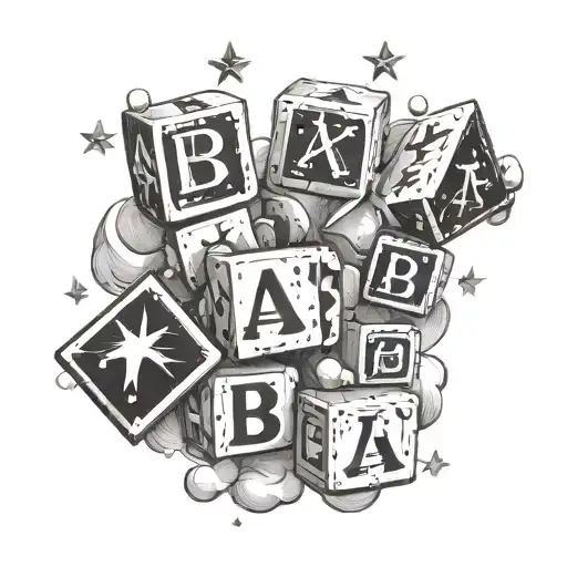 Aubree Spelled In Baby Blocks With Clouds And Stars Around The Blocks Tatto