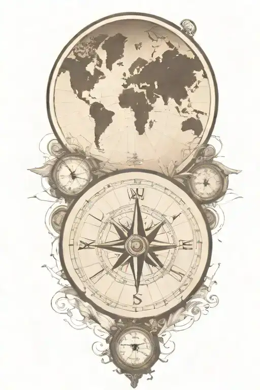 Compass And Pocket Watch Over World Map Outline