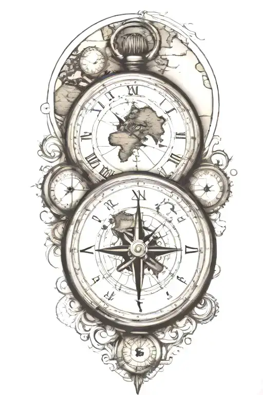 Compass And Pocket Watch Over World Map Outline