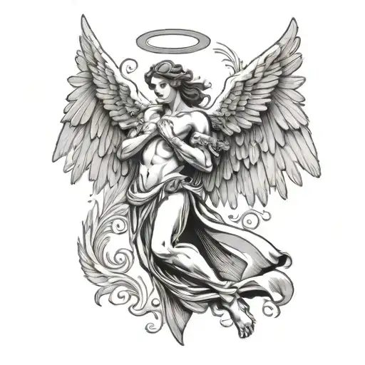 Angel With His Right Wing Tucked In And His Left Wing Spread Out