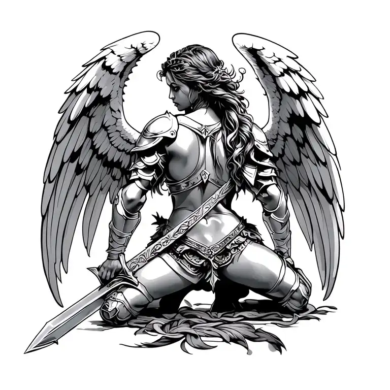 Back Tattoo Of Armored Angel Kneeling On Sword With Wings Wrapping Around Side